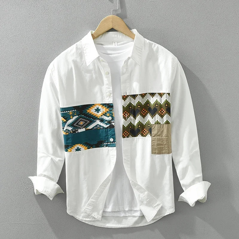 Men's Oversized Long Sleeve Shirt – Cotton Patchwork Print, Casual Loose Fit