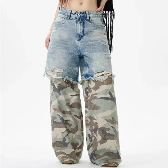 Women's Camouflage Denim Jeans – Baggy Streetwear, High-Waisted, Wide-Leg Style