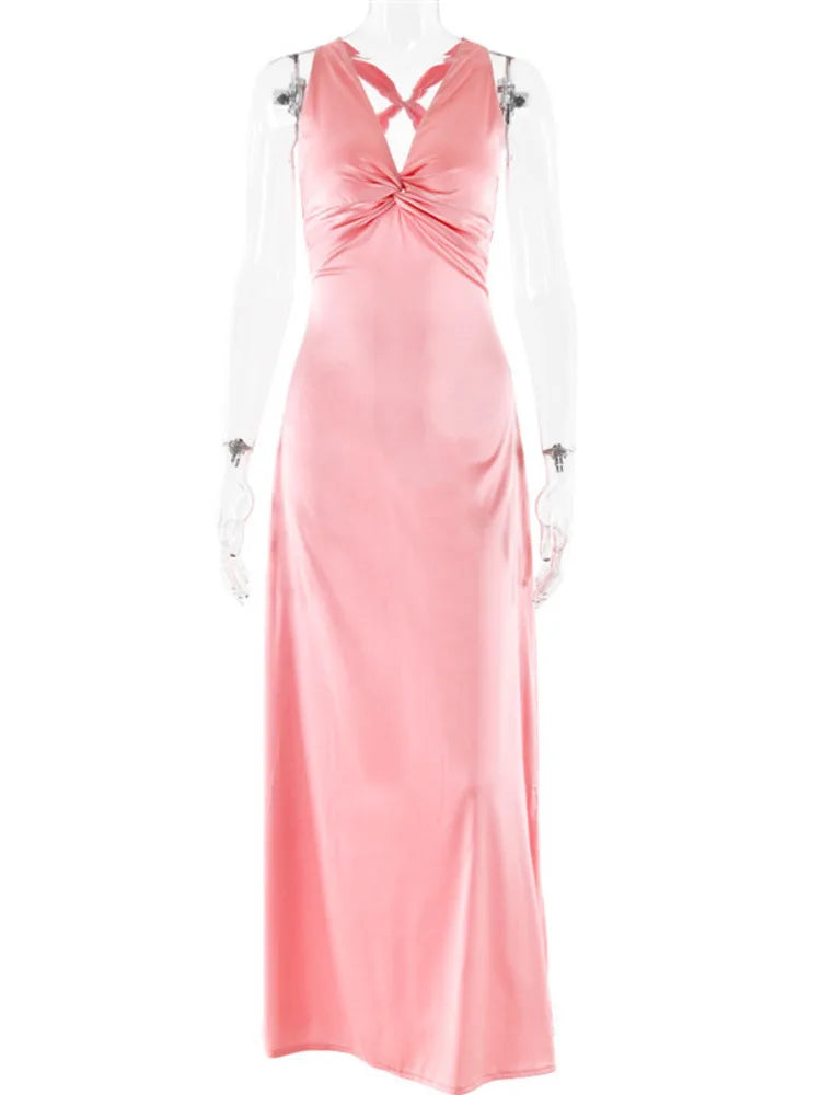 Satin Bow Backless Maxi Dress for Women