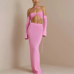 Two-Piece Set with Knitted Hollow Skirt and Backless Halter Tie Top