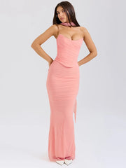 Strapless Crop Top and Maxi Skirt Set for Club Parties