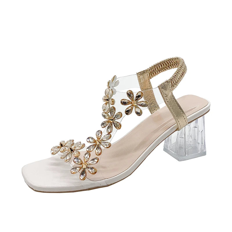 Women's Elegant High Heels Sandals with Crystal Flower Back Strap