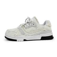 Unisex Distressed Canvas Sneakers In Beige – Vintage Chunky Sole Casual Shoes