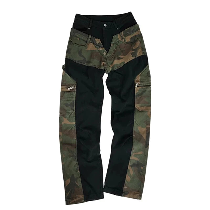 Jean cargo ample pour homme – Patchwork camouflage, denim streetwear à jambe large