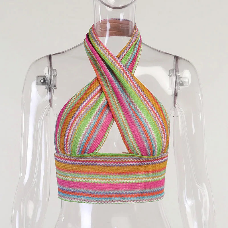 Women's Colorful Knitting Halter Backless Cropped Tube Top