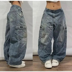 Jean droit taille haute baggy bleu délavé pour femme avec poches