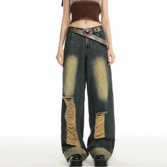 Women's Distressed Ripped Baggy Jeans – Stone-Washed Wide-Leg Denim