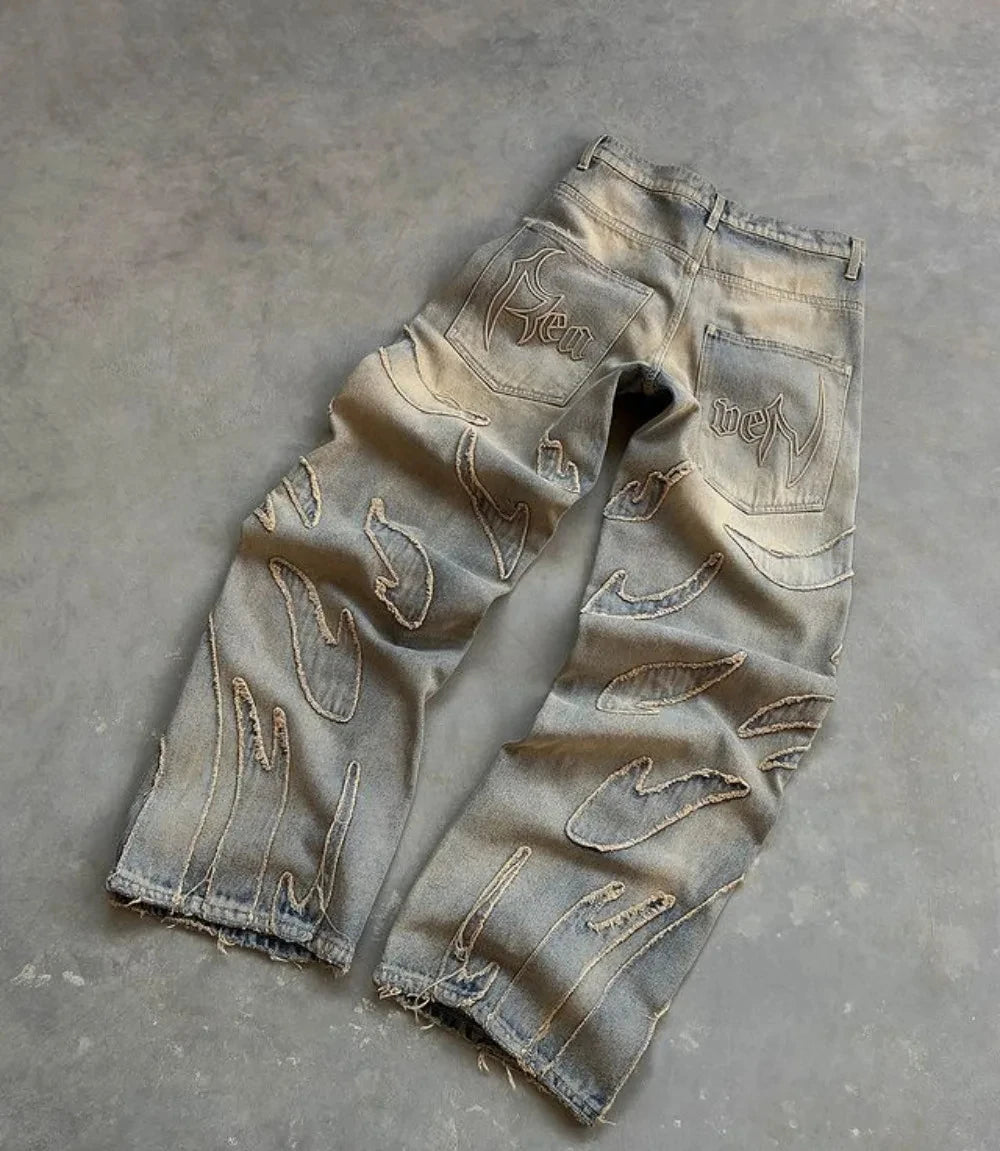 Oversized Unisex Baggy Jeans With Flame Embroidery Wide-Leg Pants