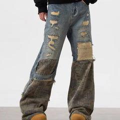 Men's Ripped Stacked Baggy Jeans – Camouflage Patchwork Wide-Leg Pants