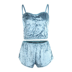 Hot Women Velvet Spaghetti Strap Pajama Set with Shorts