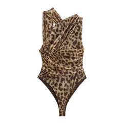 Women's Leopard Print Mesh Bodysuit – Sleeveless Off-Shoulder Slim Fit Top