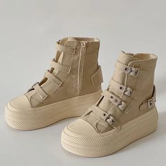 Women's High-Top Platform Canvas Boots – Buckle & Zipper Casual Sneakers