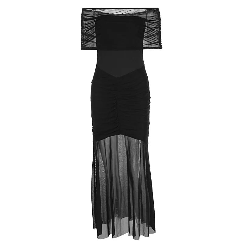 Elegant One Shoulder Mesh Patchwork Dress for Evening Parties