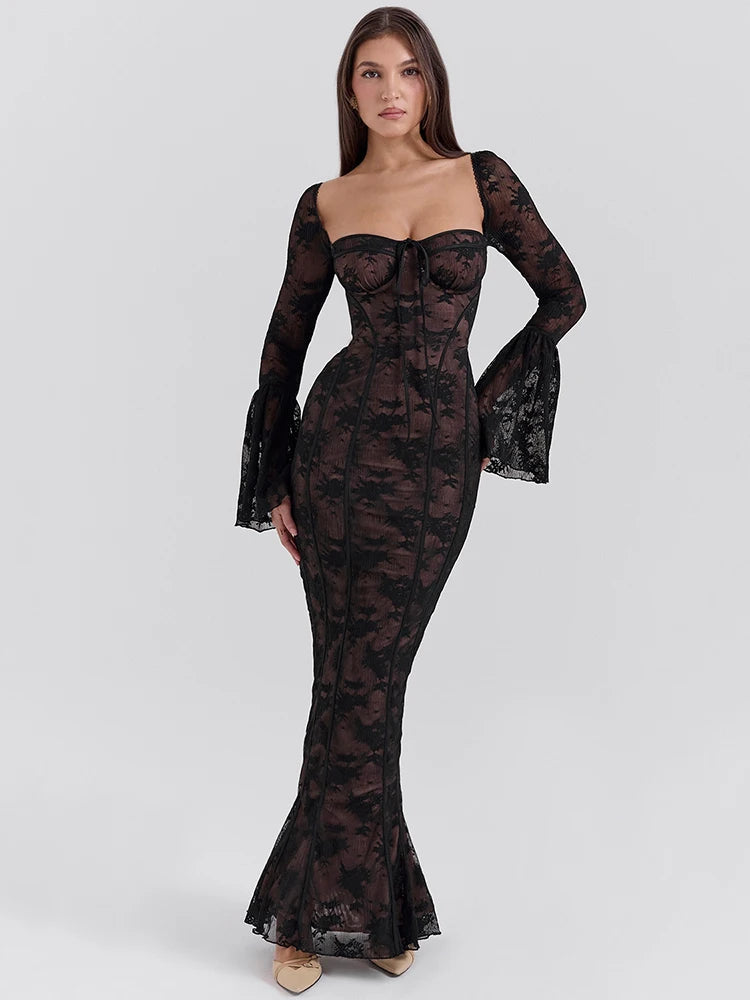 Lace Print Maxi Dress with Flare Sleeves and Backless Design