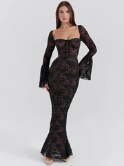 Lace Print Maxi Dress with Flare Sleeves and Backless Design