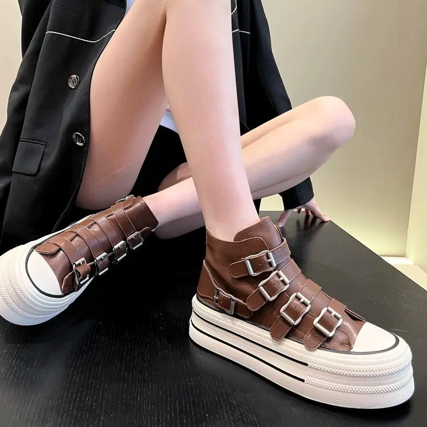 Women's High-Top PU Leather Trainers – Thick Sole Lace-Up Sneakers