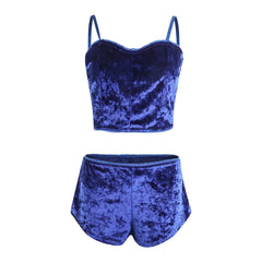 Hot Women Velvet Spaghetti Strap Pajama Set with Shorts