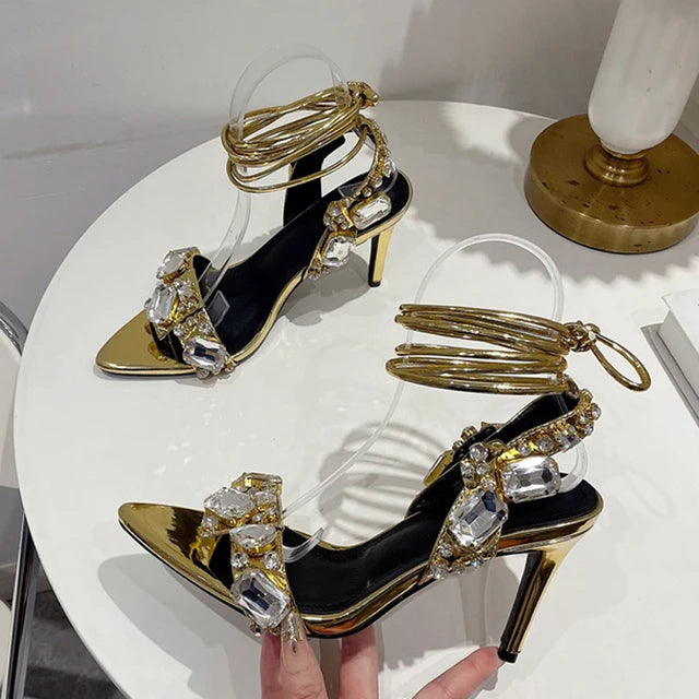 Gold Ankle Strap Sandals with Crystal Diamond Pointed Toe