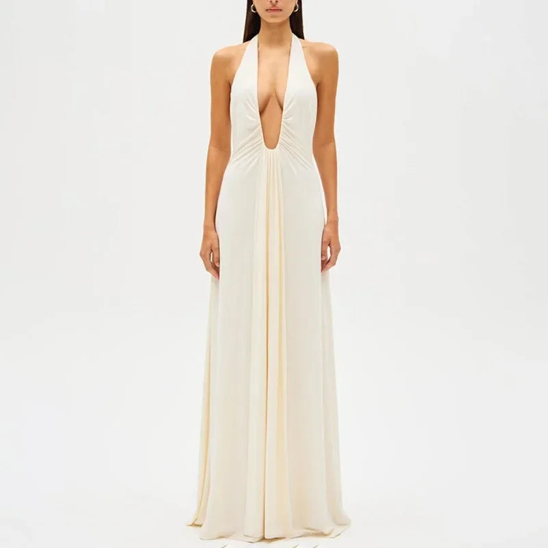 Deep V Halter Neck Long Dress for Luxurious Evening Events