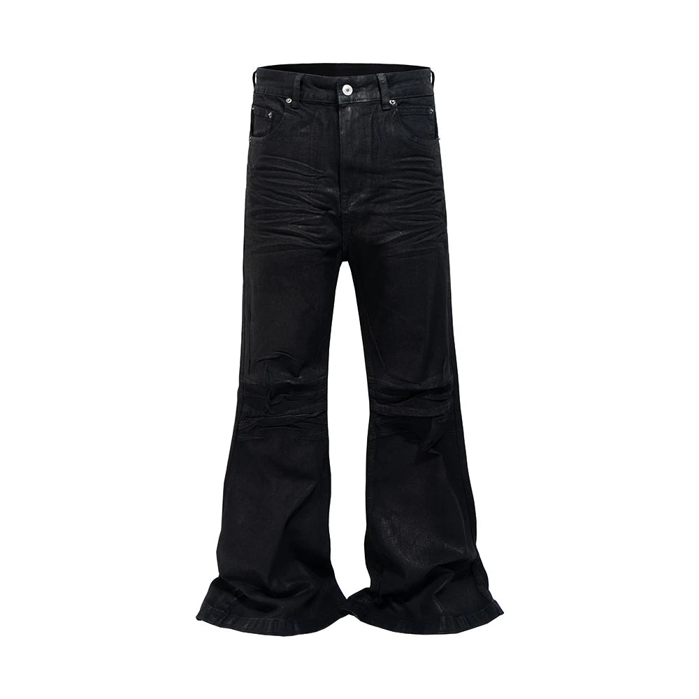 Jean baggy évasé ciré noir unisexe – Pantalon en denim bootcut oversize 