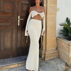 Two-Piece Set with Knitted Hollow Skirt and Backless Halter Tie Top