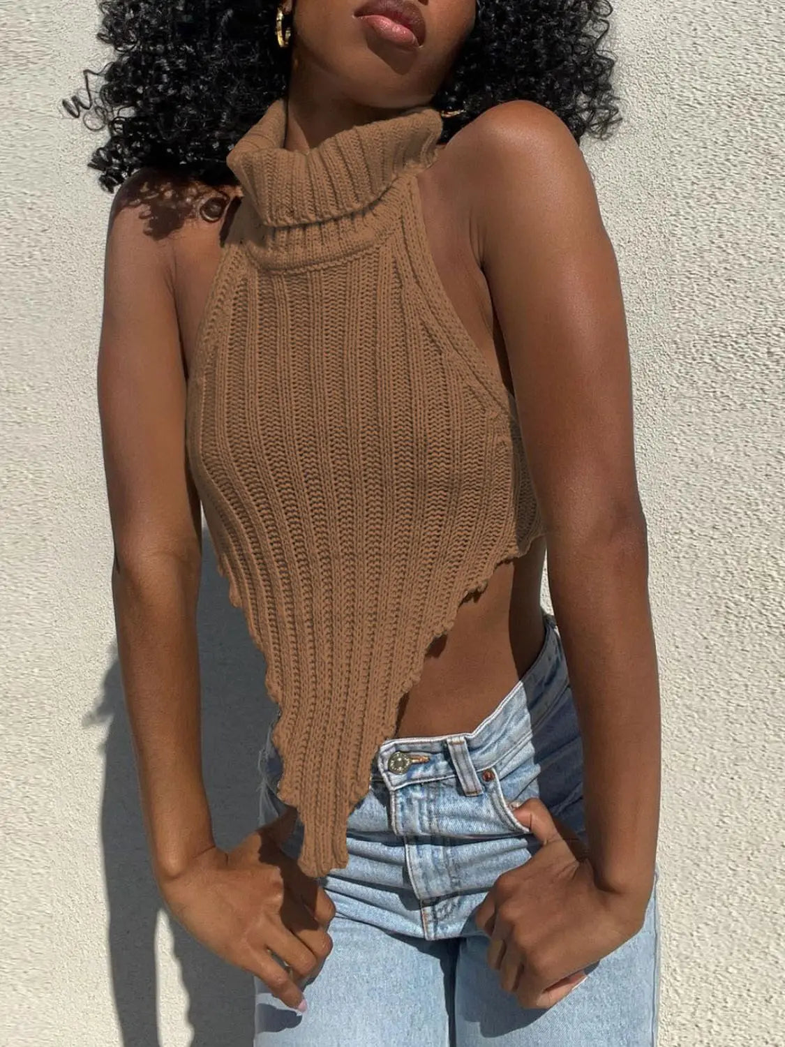 Knitted Turtleneck Crop Top – Sleeveless Backless Summer Party Wear