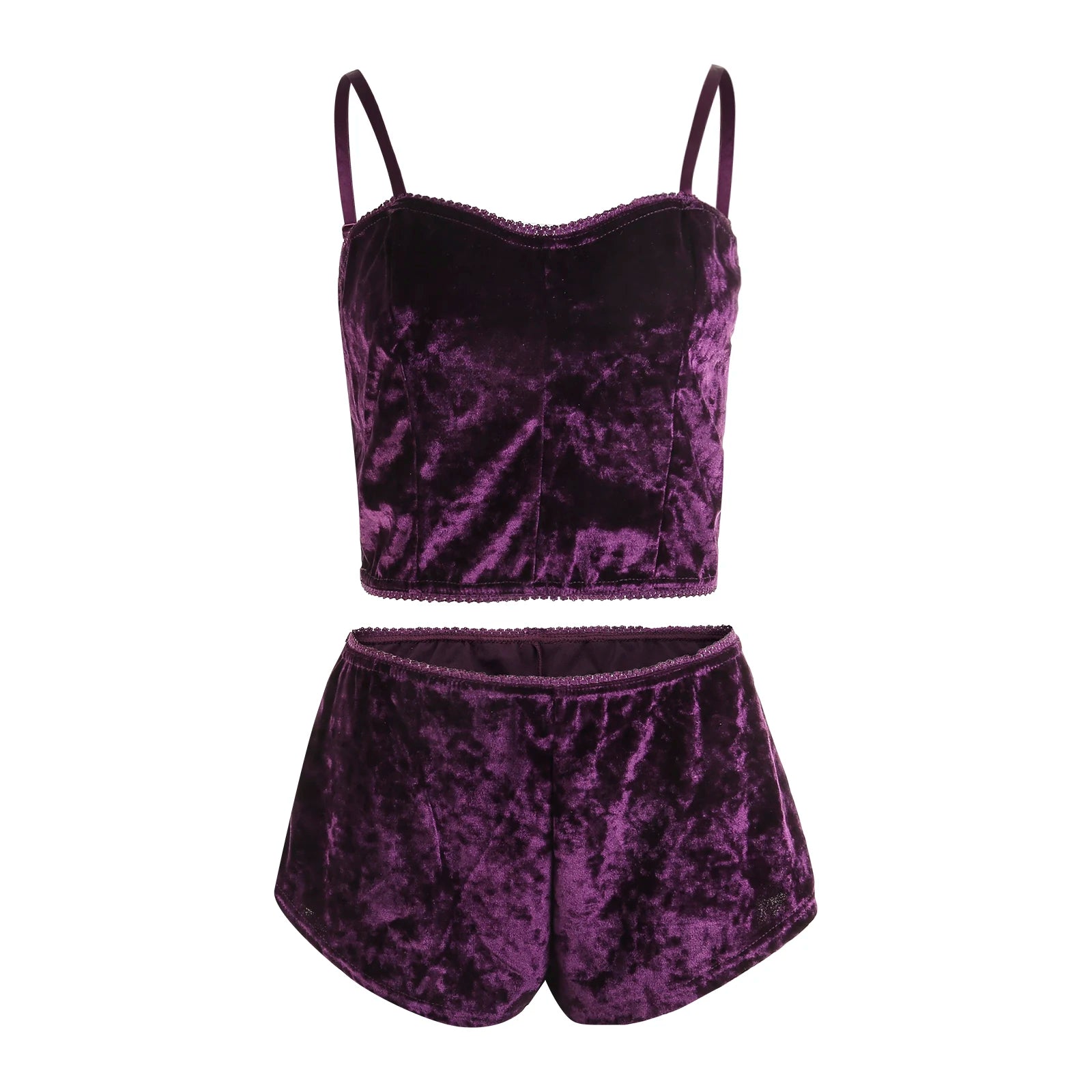 Hot Women Velvet Spaghetti Strap Pajama Set with Shorts