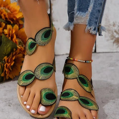 Yellow Embroidered Flower Flat Sandals for Summer