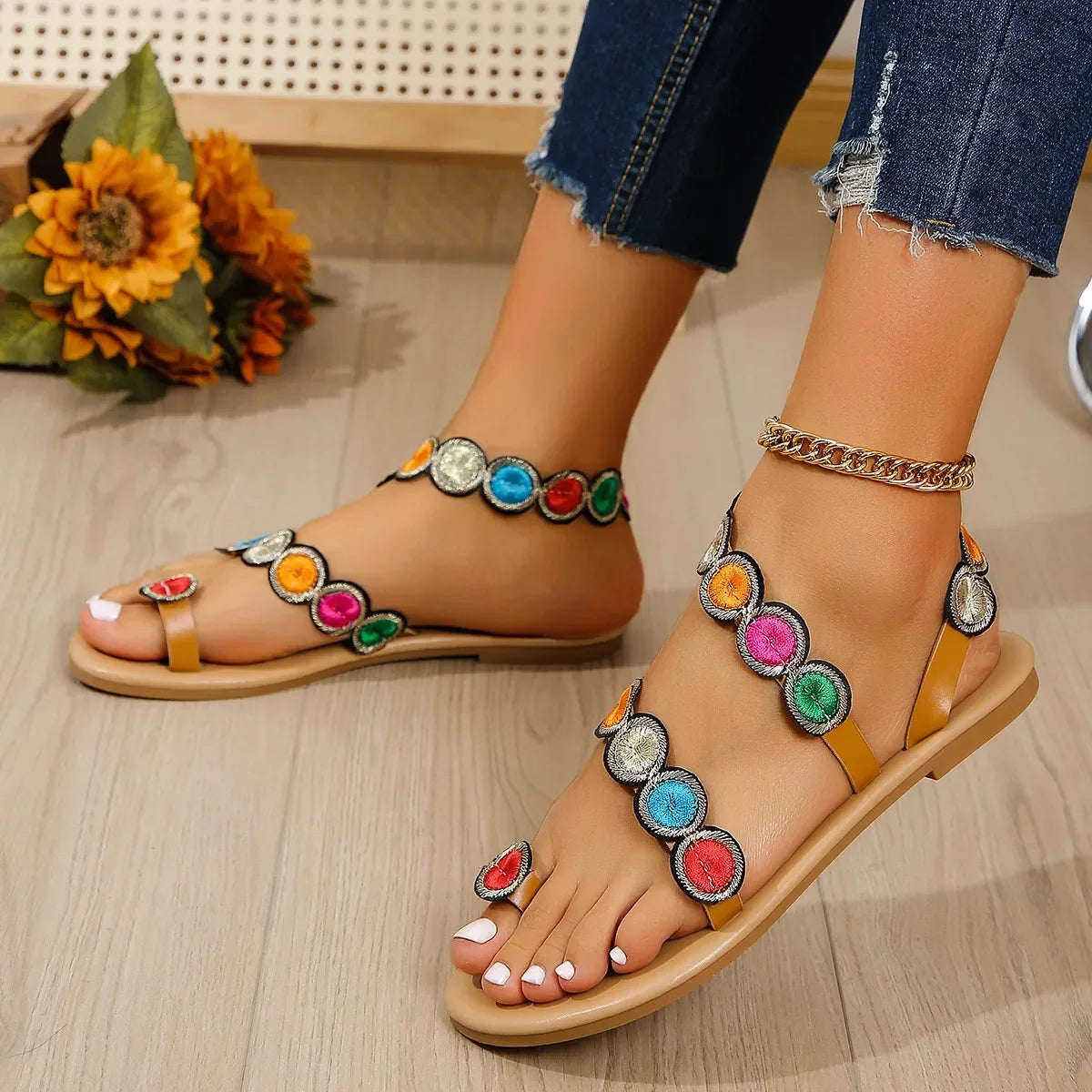 Yellow Embroidered Flower Flat Sandals for Summer