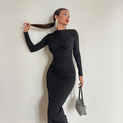 Ruched Long Bodycon Dress for Women - Perfect for Club Parties