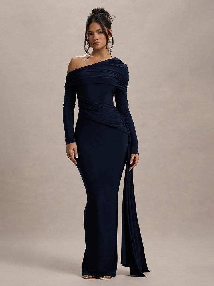 Skew Collar Long Sleeve Backless Draped Ruched Bodycon Maxi Dress