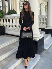 Autumn Knit Maxi Dress with High Waist and Patchwork Design