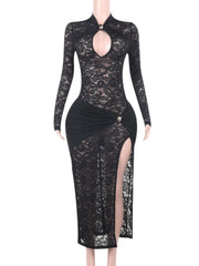 Lace maxi dress with thigh-high slit for a bold, elegant look