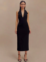 Halter Deep V Neck Sleeveless Maxi Dress with Backless Design