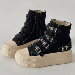 Women's High-Top Platform Canvas Boots – Buckle & Zipper Casual Sneakers