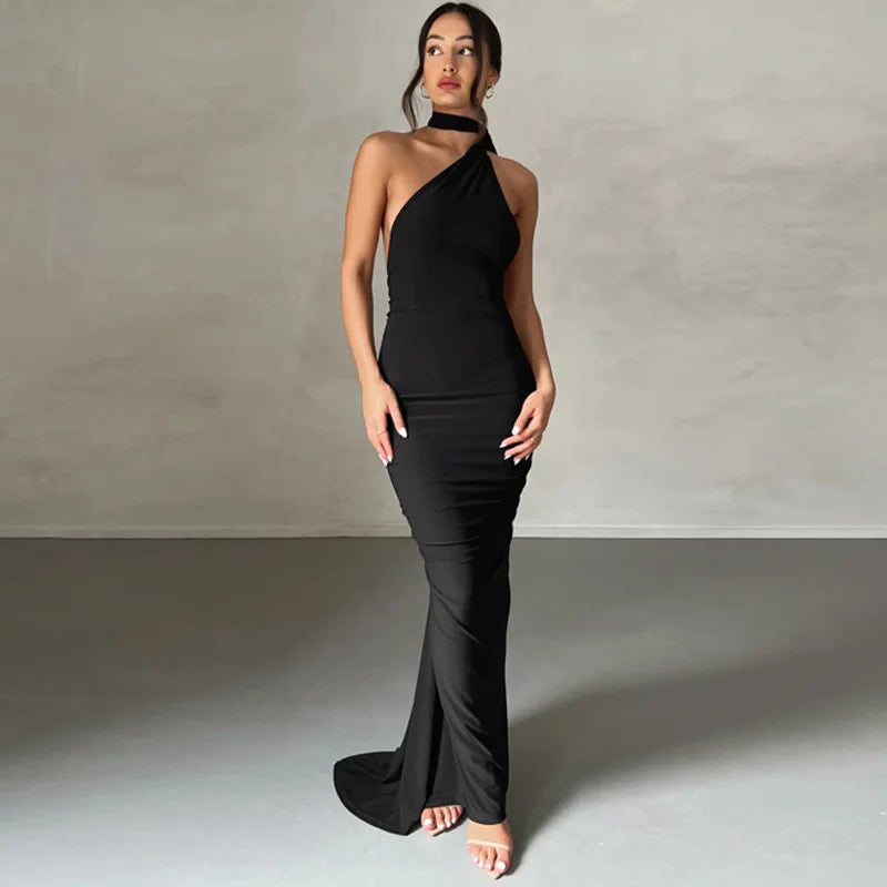 Robe longue dos nu au design irrégulier pour soirées en club