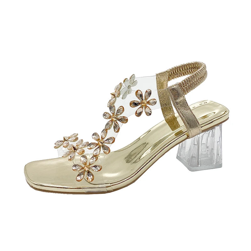 Women's Elegant High Heels Sandals with Crystal Flower Back Strap