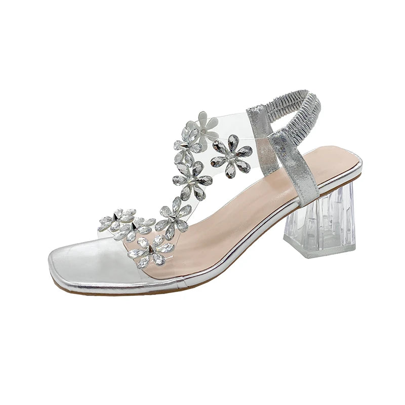 Women's Elegant High Heels Sandals with Crystal Flower Back Strap