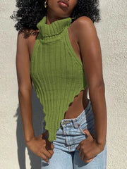 Knitted Turtleneck Crop Top – Sleeveless Backless Summer Party Wear