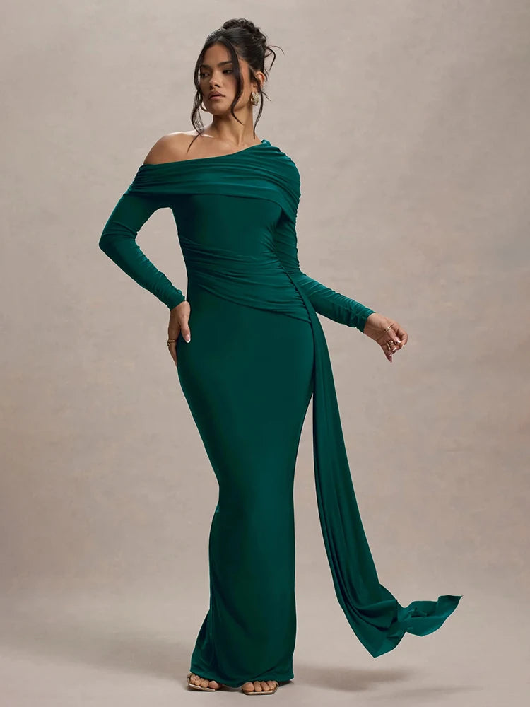 Skew Collar Long Sleeve Backless Draped Ruched Bodycon Maxi Dress