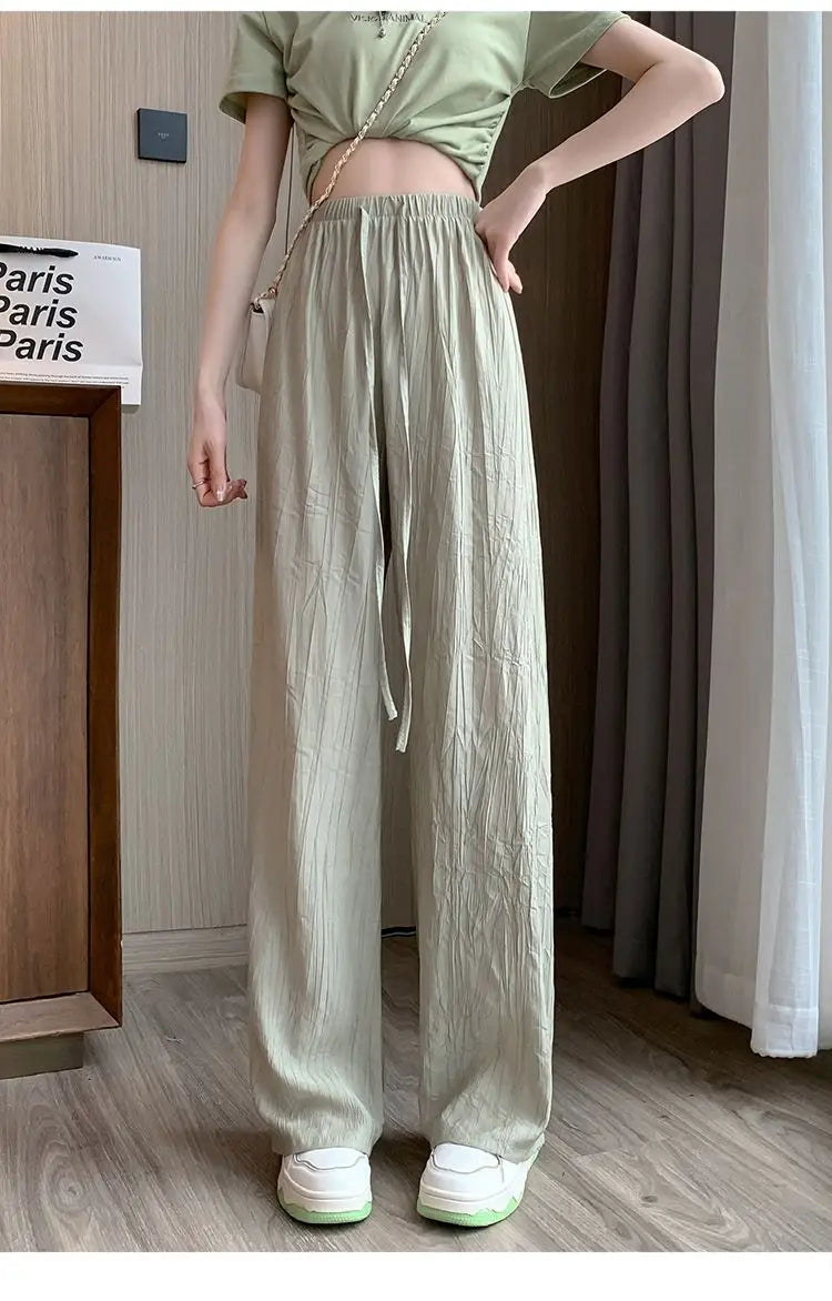 Trendy Pleated Ice Silk Wide Leg Pants for Women Casual Trousers