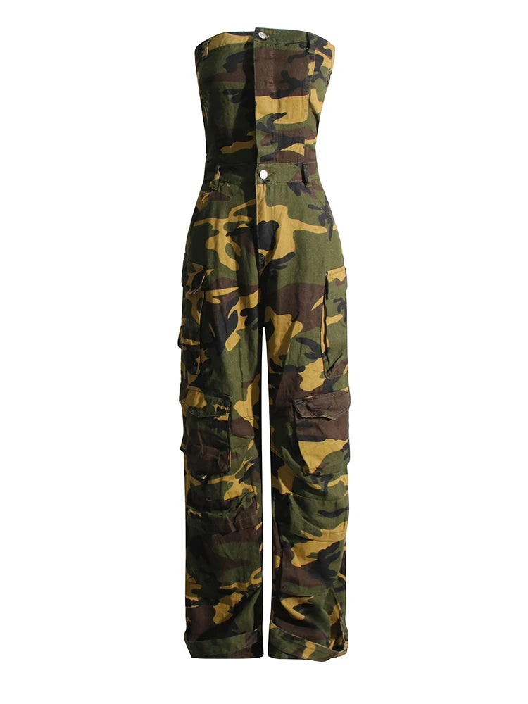 Women’s Camouflage Patchwork Sleeveless High Waist Jumpsuit