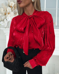 Women's Elegant Long Sleeve Tie Neck Blouse with Beaded Detail