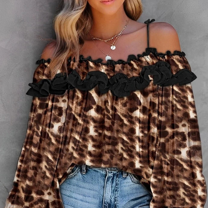 Women's Leopard Pattern Off-Shoulder Spaghetti Strap Blouse