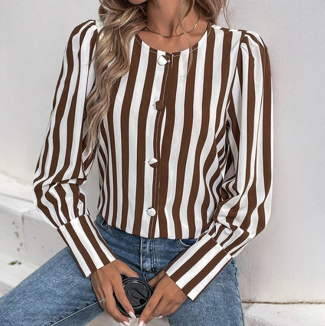 Elegant V-Neck Striped Long Sleeve Cardigan Women's Blouse