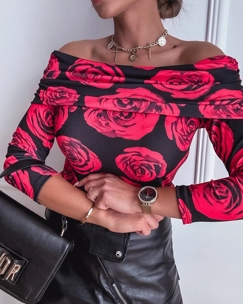 Women's Elegant Rose Print One Shoulder Long Sleeve Blouse