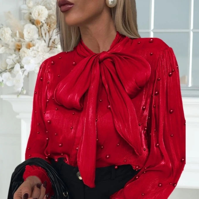 Women's Elegant Tie Neck Beaded Long Sleeve Casual Blouse