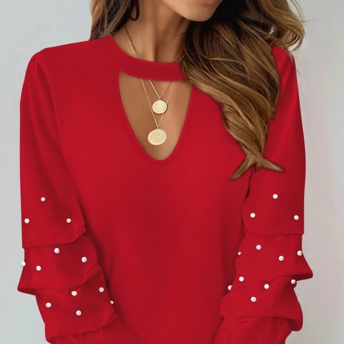 Women's Casual Keyhole Neck Long Sleeve Beaded Blouse Top