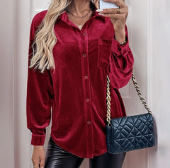 Women's Elegant Long Sleeved Velvet Cardigan Top with Lapel Collar