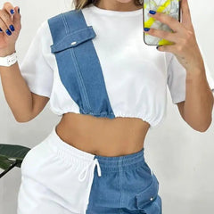 Women's Casual Denim Patch Short Sleeve Top and Drawstring Shorts Set